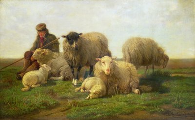 Ein Hirte mit Schafen und Lämmern von Cornelis van Leemputten